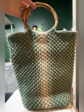 Handmade Chunky Crochet Green Structured Tote with Wooden Handles